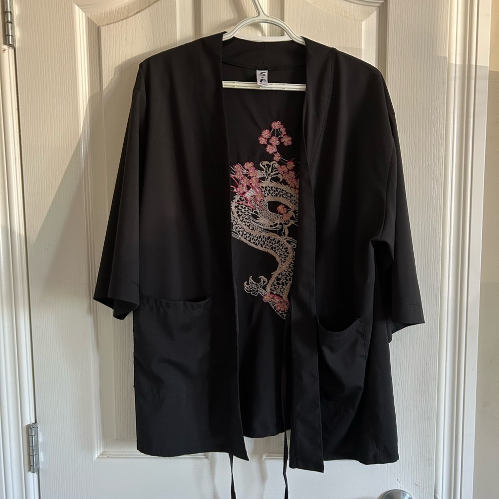 Black Kimono Cover-Up with Dragon Embroidery